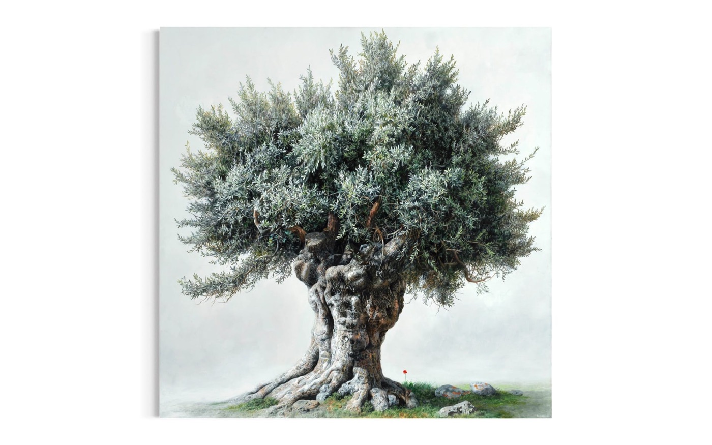 From the live Elidon Art site — an olive-tree oil painting hung on a white gallery wall