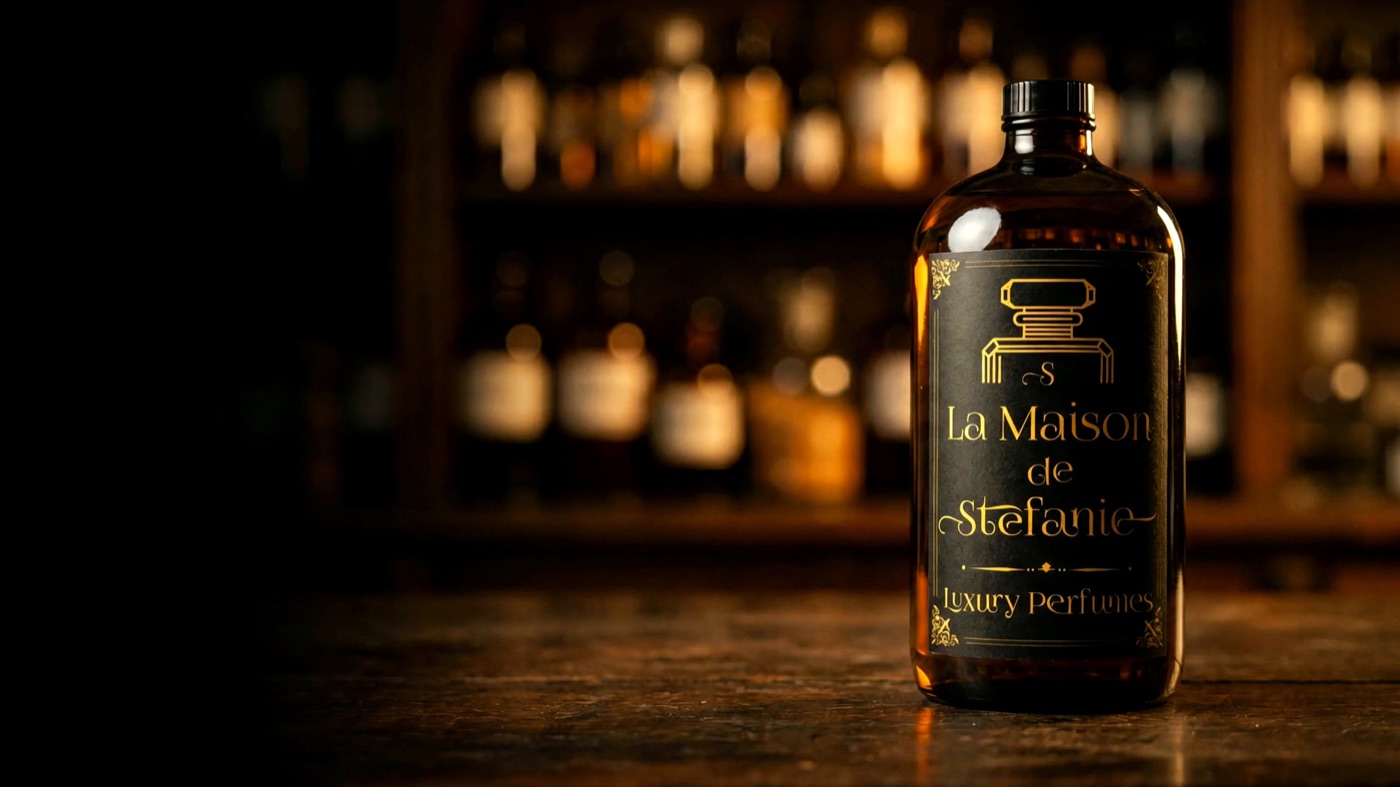 From the live La Maison de Stefanie site — an amber apothecary perfume bottle in the shop’s warm light